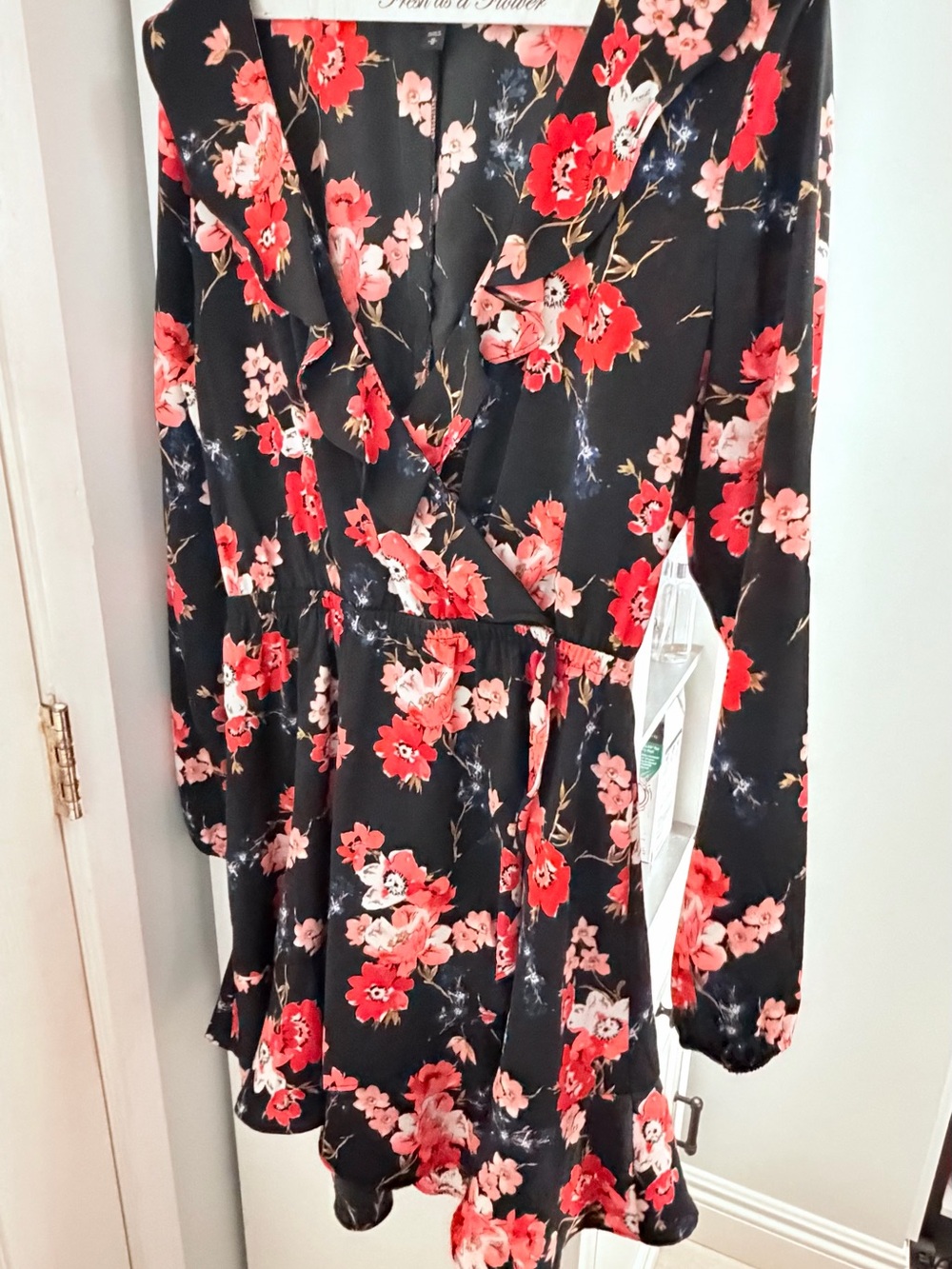 Express Black Wrap Dress with Red & Pink Floral Print